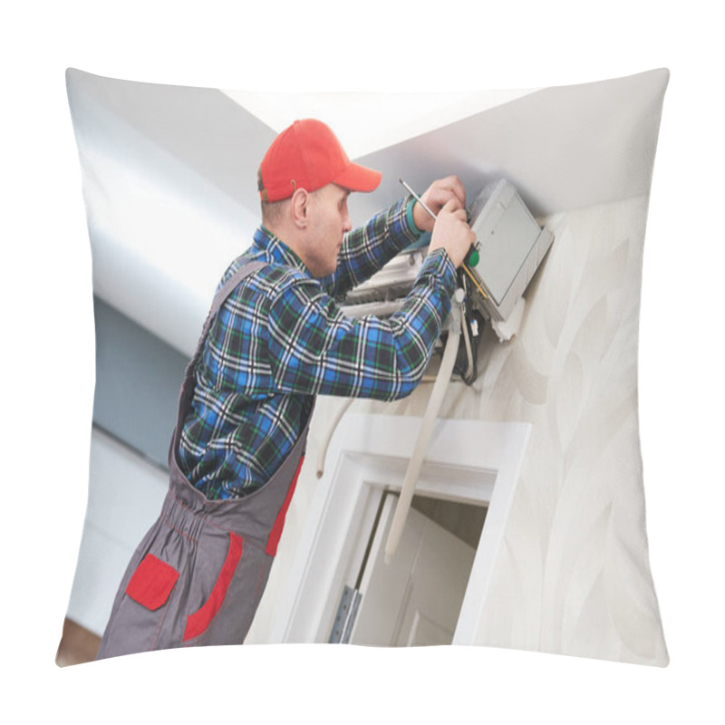 Personality  Air Conditioner Service. Worker At Climatization System Installation Indoors Pillow Covers