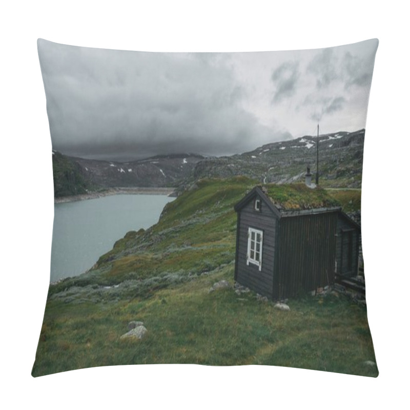 Personality  Rural House Over Field With Green Grass Against Small Pond, Norway, Hardangervidda National Park Pillow Covers