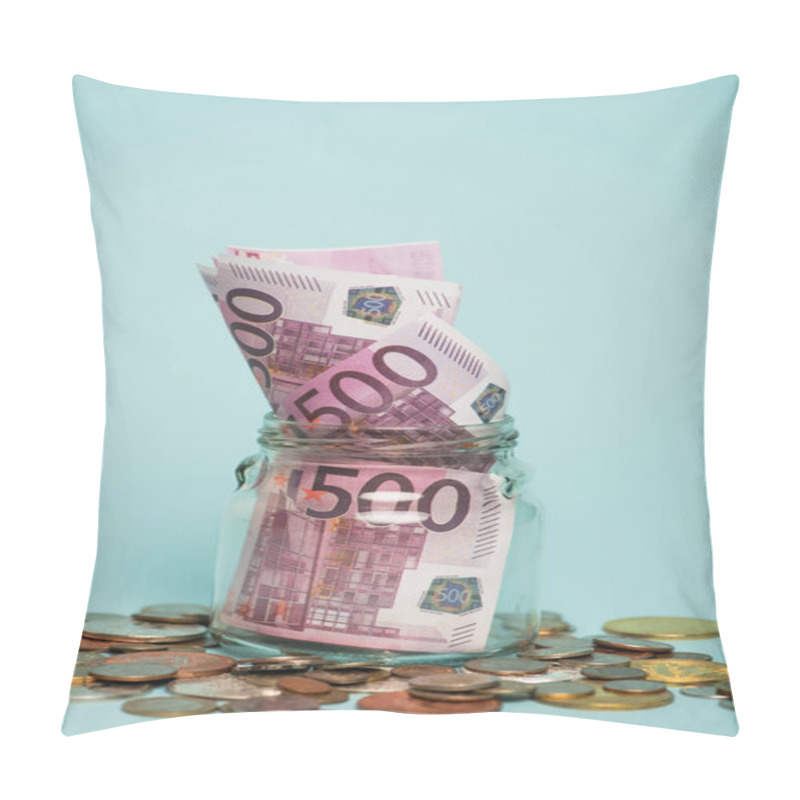 Personality  KYIV, UKRAINE - SEPTEMBER 22, 2021: Glass Jar With Euro Banknotes Near Metal Coins On Blue, Anti-corruption Concept Pillow Covers