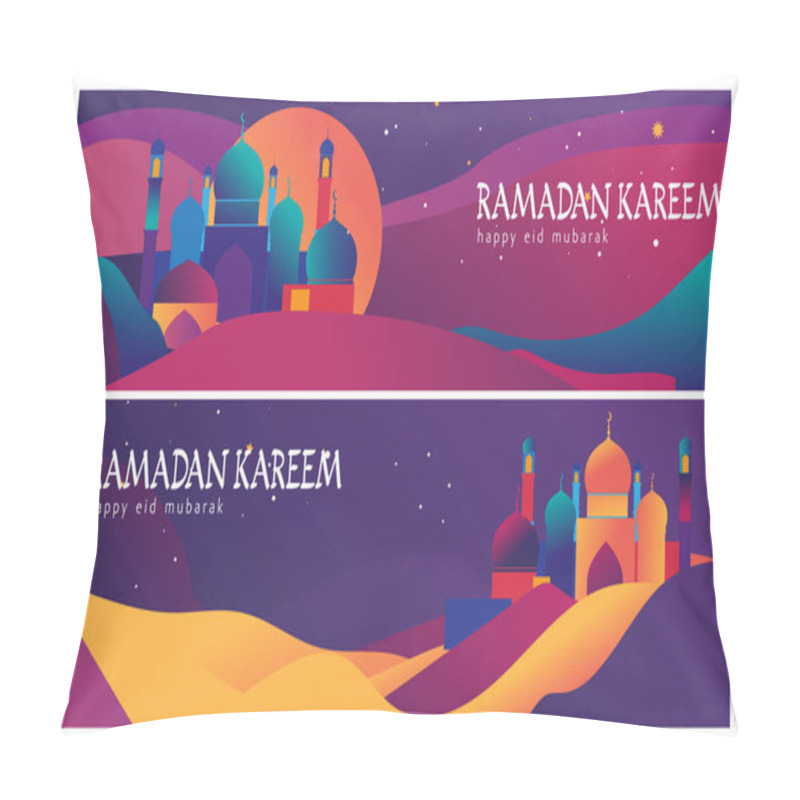 Personality  Colorful Mosque Illustration With Domes And Minarets, Under A Starry Night Sky. Perfect For Ramadan Celebrations, Eid Festivities, Or As A Decorative Graphic For Social Media. Pillow Covers