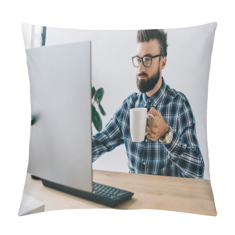 Personality  Cropped Shot Of Serious Young Seo With Cup Of Coffee Working With Computer At Office Pillow Covers