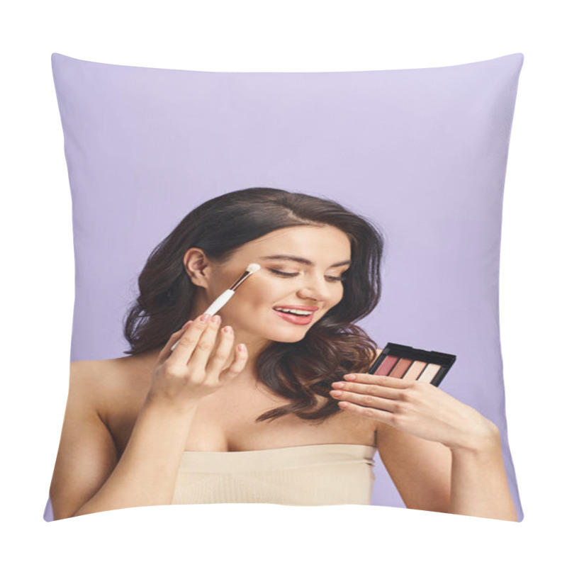 Personality  A Woman Gracefully Holds A Brush And Powder For Her Makeup Routine. Pillow Covers