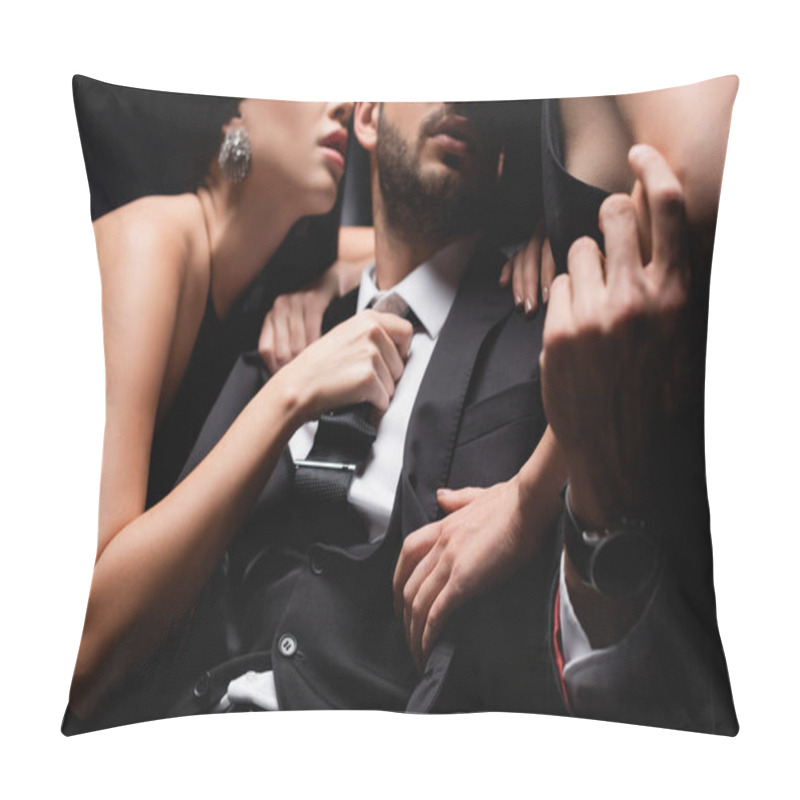 Personality  Cropped View Of Hot Women Undressing Businessman On Blurred Black Background Pillow Covers