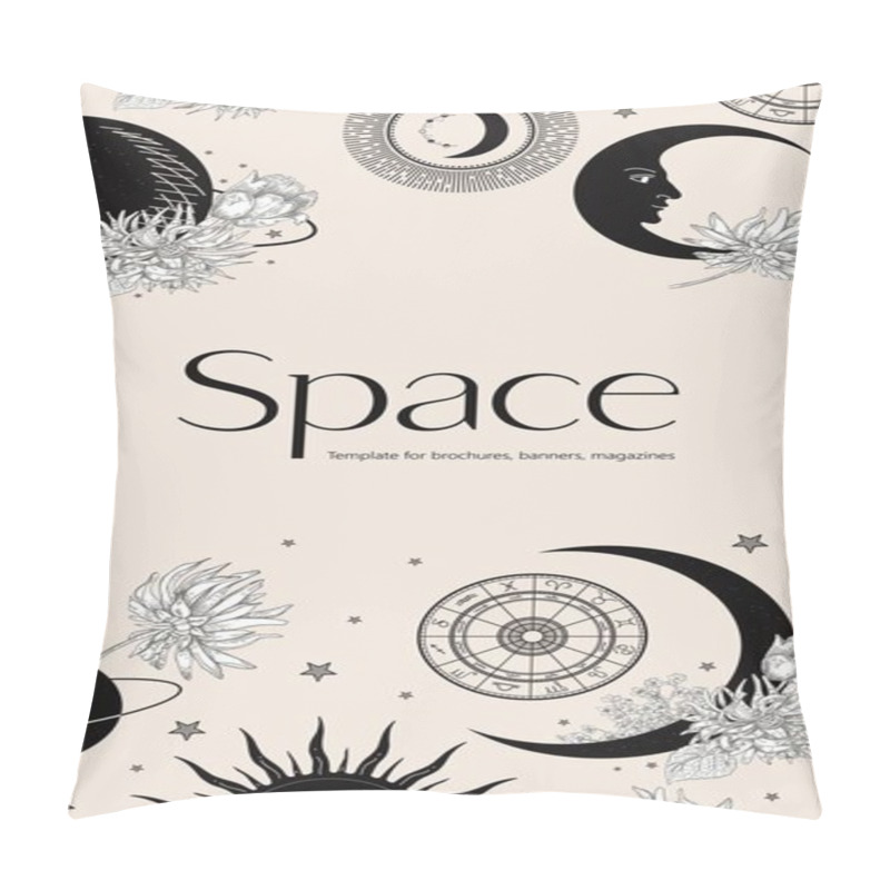 Personality  Background With A Crescent Moon, Plants, Flowers And Stars. Black Silhouettes And White Flowers. Pillow Covers