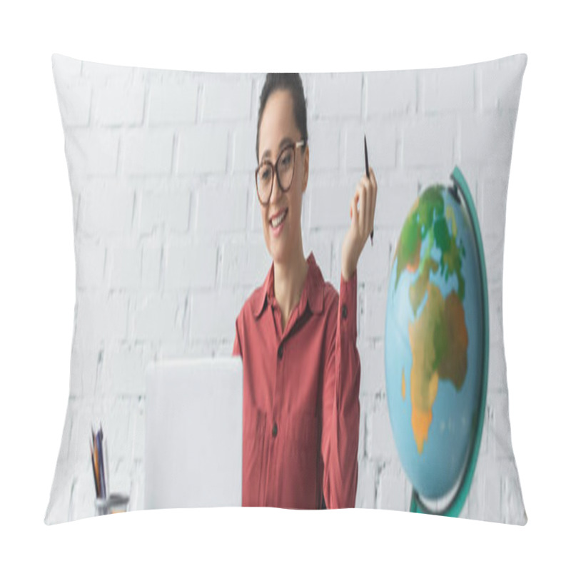 Personality  Happy Teacher In Eyeglasses Using Laptop And Holding Pen While Working From Home, Banner Pillow Covers