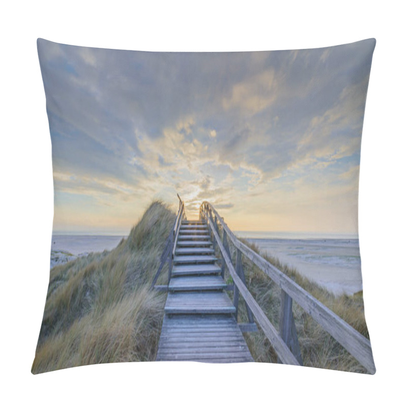 Personality  Boardwalk And Stairs Leading Through The Dunes To The Beach Of North Sea By Sunset In Norddorf, Amrum, Schleswig-Holstein. Bathing And Beach Vacation On The North Sea. Pillow Covers