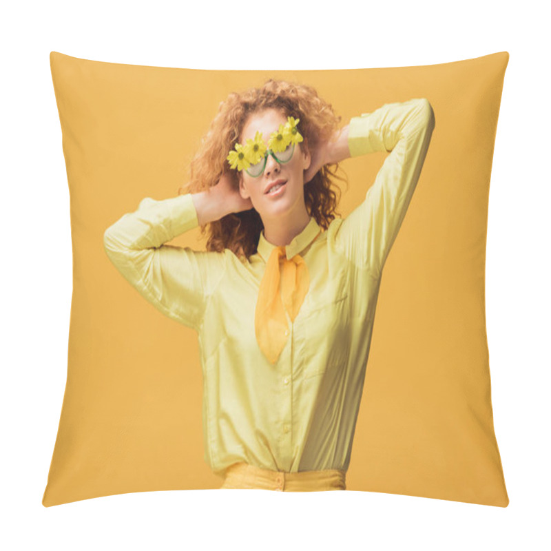 Personality  Trendy Redhead Woman In Sunglasses With Flowers Posing Isolated On Yellow  Pillow Covers