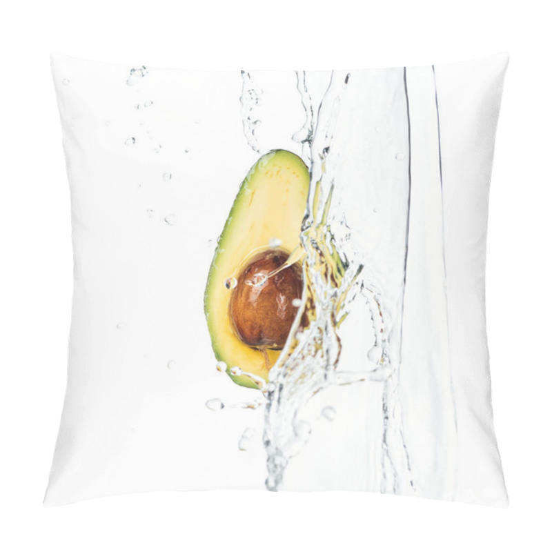 Personality  Ripe Nutritious Avocado Half With Seed And Water Splash With Drops Isolated On White  Pillow Covers