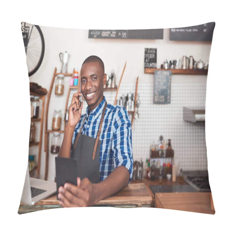 Personality  Entrepreneur Standing At Counter Of Cafe Pillow Covers