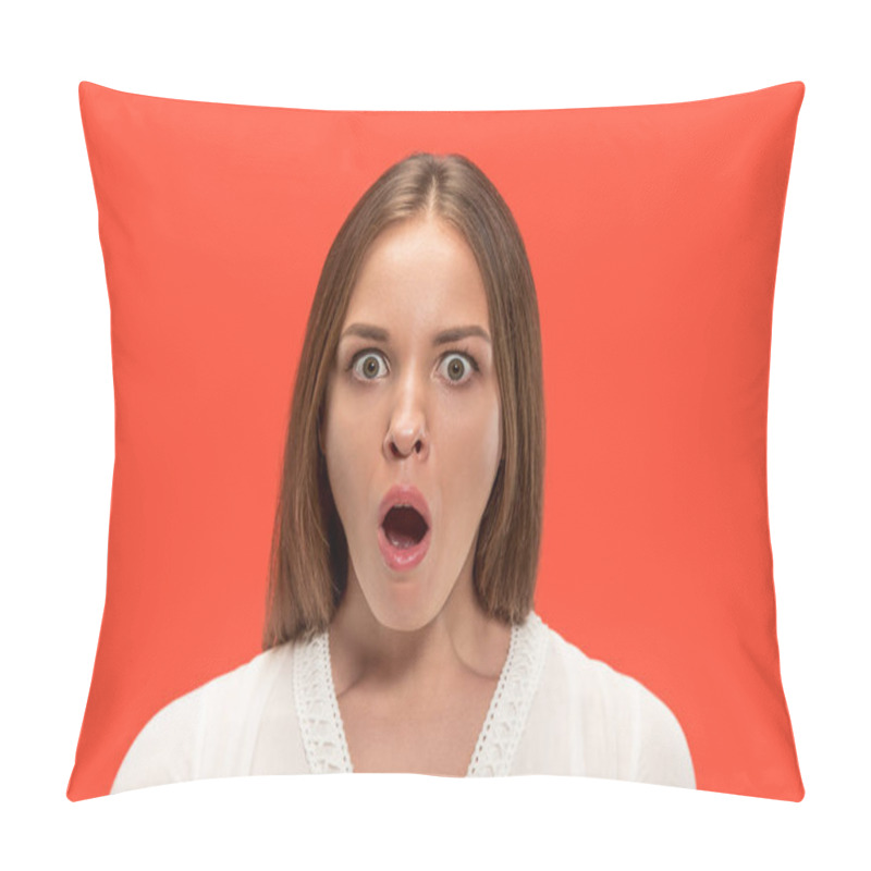 Personality  Beautiful Woman Looking Suprised Isolated On Red Pillow Covers