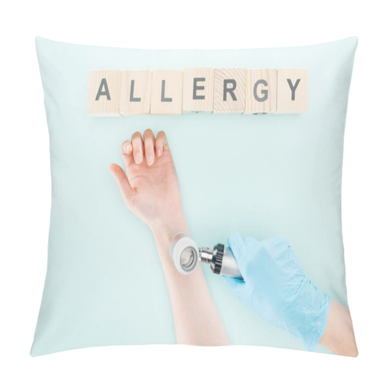 Personality  Cropped View Of Doctor Examining Hand Of Woman With Dermatoscope Near Wooden Blocks With Word Allergy Isolated On Blue Pillow Covers