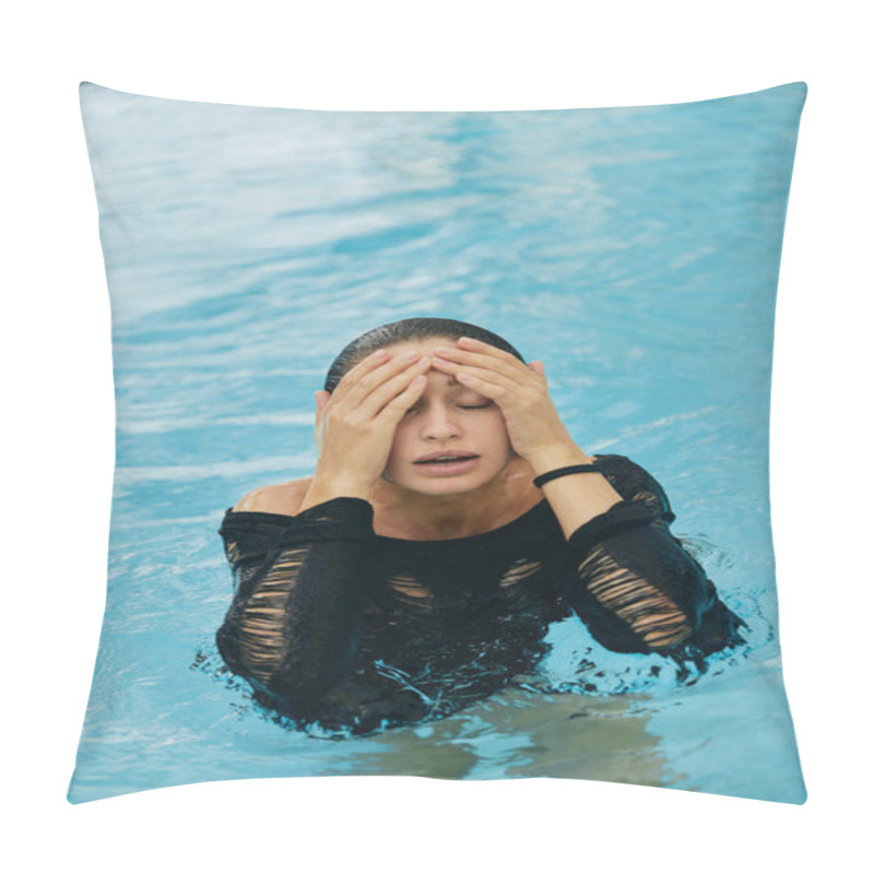 Personality  Luxury Resort In Miami, Beautiful Woman With Tanned Skin Touching Her Wet Face After Swimming In Public Swimming Pool, Posing And Enjoying Her Summer Vacation, No Makeup Look  Pillow Covers