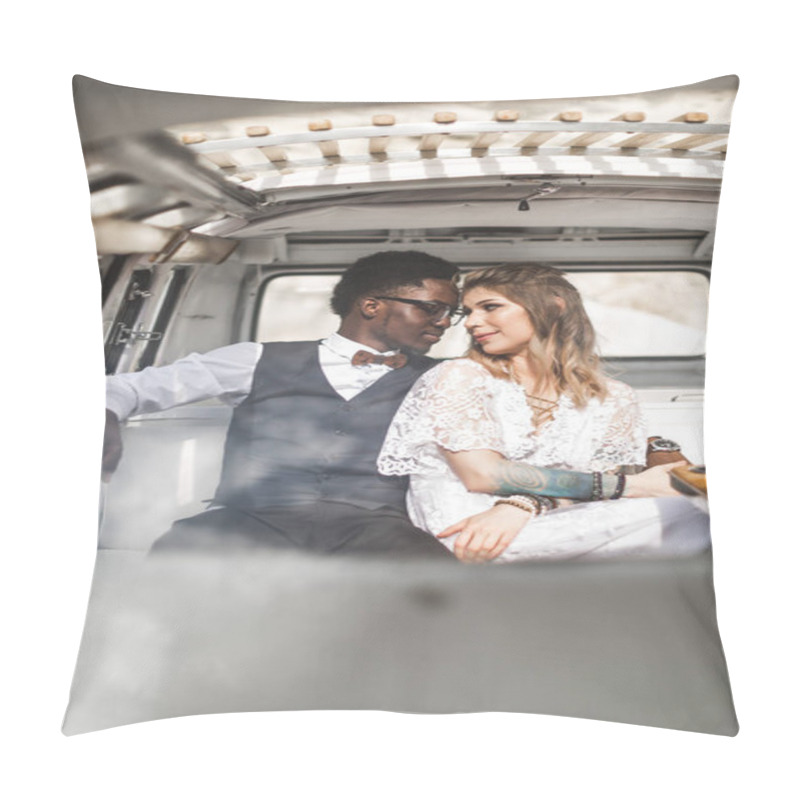 Personality  Happy Couple Hugging While Sitting Inside In Retro Minivan At Sunset In Canyon - Young People Having Fun On Summer Beach Vacation - Travel And Love Concept - Focus On Faces Pillow Covers