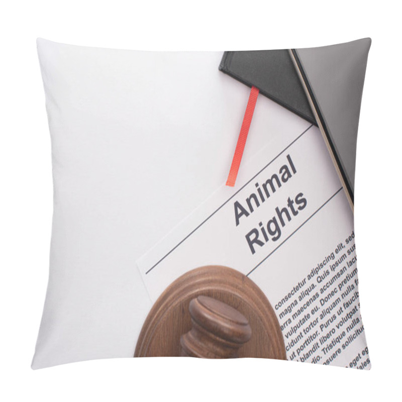 Personality  Top View Of Animal Rights Inscription, Black Notebooks, Smartphone And Judge Gavel On White Background Pillow Covers