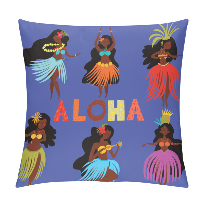 Personality  Aloha Hawaii Card With Hawaiian Hula Girls .Cartoon Vector Illustration. Design Concept For Flyer, Poster Or Greeting Card Pillow Covers