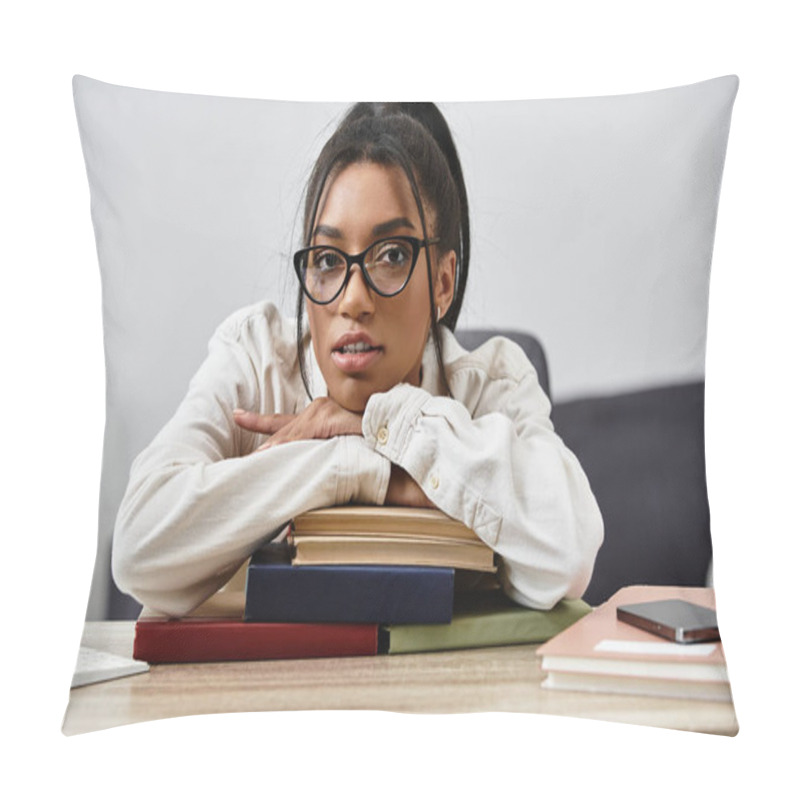 Personality  A Focused Student With Glasses Engages In Remote Learning At Her Home Desk Surrounded By Books. Pillow Covers