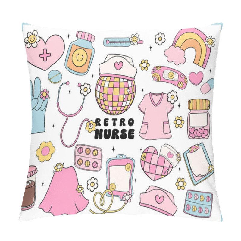 Personality  Retro Groovy Disco Nurse Life With Trendy Vibrant Pastel Equipment Doodle Line Drawings Collection. Pillow Covers