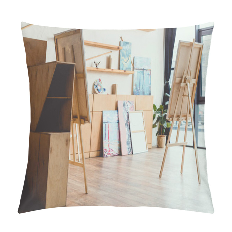 Personality  Spacious Light Painting Studio With Wooden Floor, Cabinets, Shelves, Easels And Paintings Pillow Covers