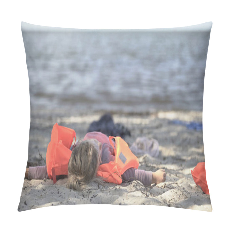 Personality  Little Girl In Life Jacket Lying On Seashore, Survivor Of Natural Disaster Flood Pillow Covers