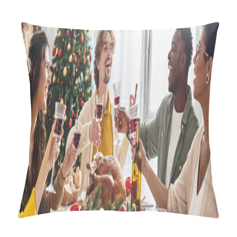 Personality  Multicultural Family Gesturing And Laughing Sitting At Festive Table Celebrating Christmas, Banner Pillow Covers