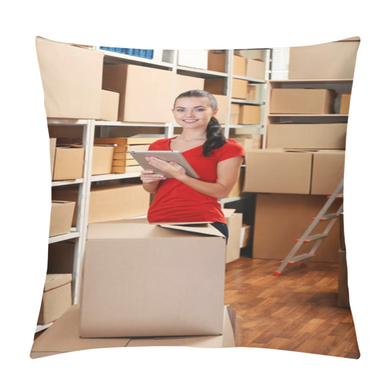 Personality  Young Businesswoman With Tablet At Warehouse Pillow Covers