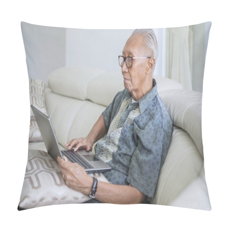 Personality  Elderly Man Using A Laptop At Home Pillow Covers