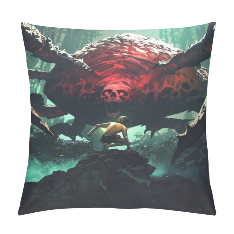 Personality  Primitive Man Encounters A Giant Red Spider With A Skull Head, Digital Art Style, Illustration Painting Pillow Covers