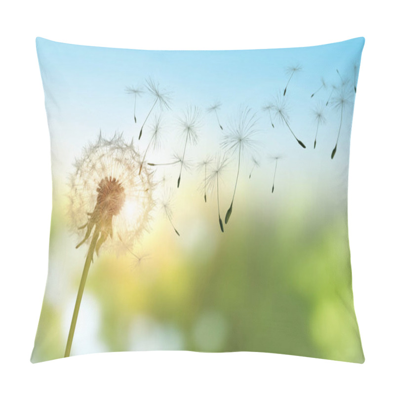 Personality  Beautiful Fluffy Dandelion And Flying Seeds Outdoors On Sunny Day  Pillow Covers