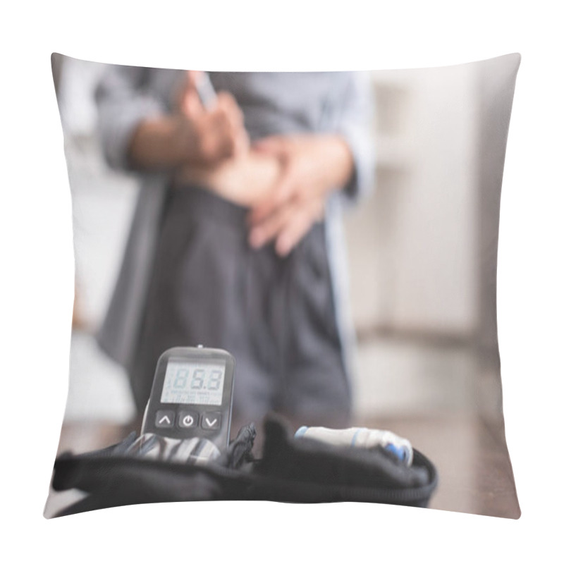 Personality  Selective Focus Of Black First Aid Kid On Wooden Table Near Woman  Pillow Covers