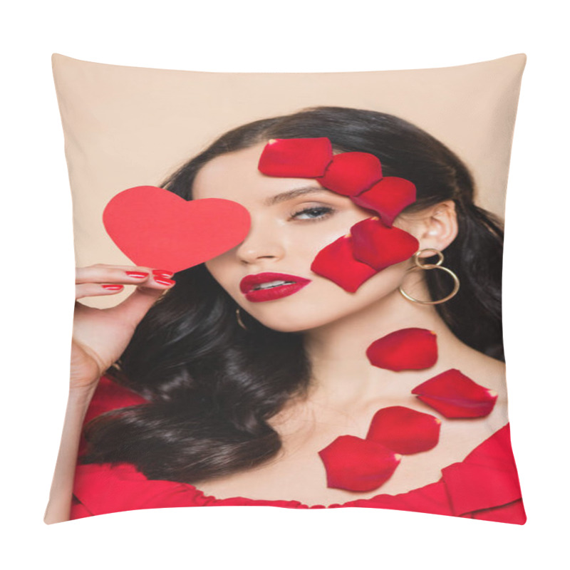 Personality  Pretty Young Woman With Petals Of Red Rose On Face Covering Eye With Paper Heart Isolated On Pink Pillow Covers