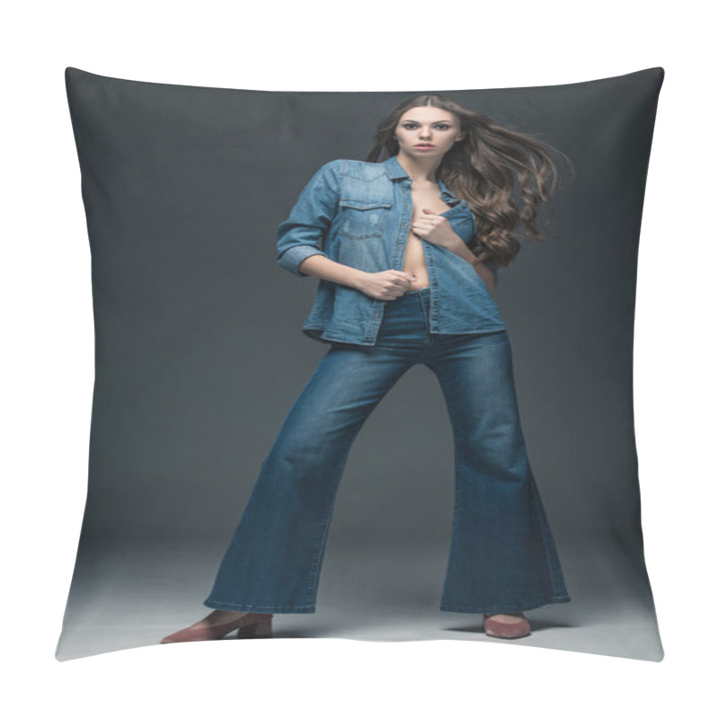 Personality  Attractive Sexy Girl Posing In Denim Clothes, On Grey  Pillow Covers