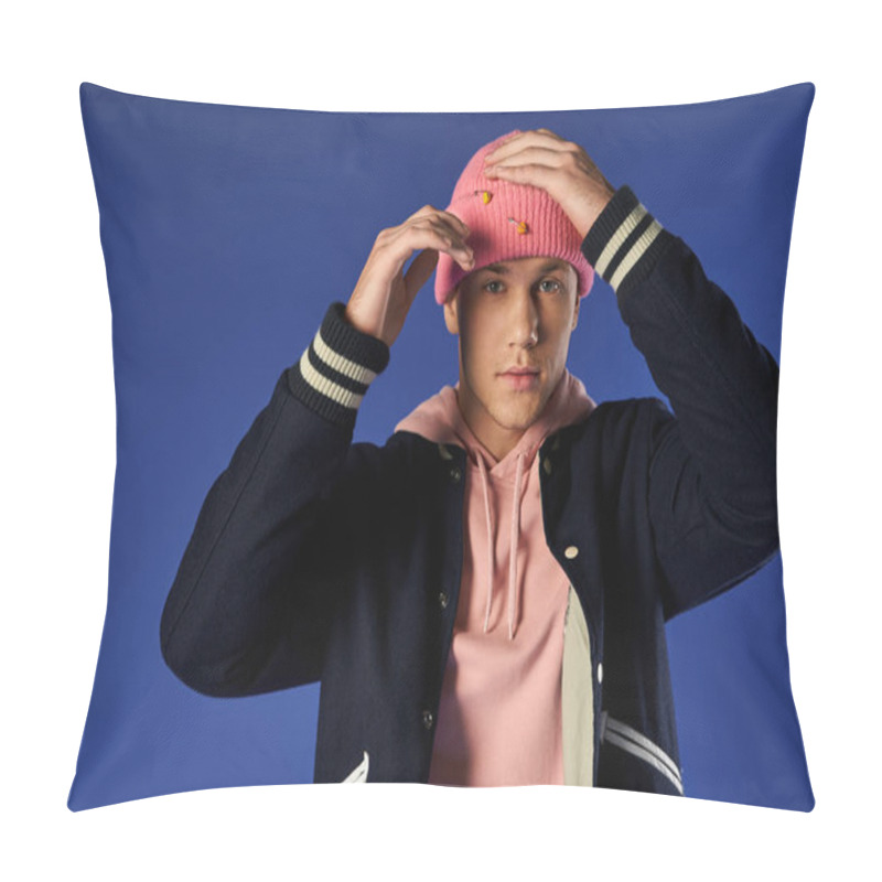 Personality  Young Man Showcases Confidence In Trendy Clothing And A Pink Beanie. Pillow Covers