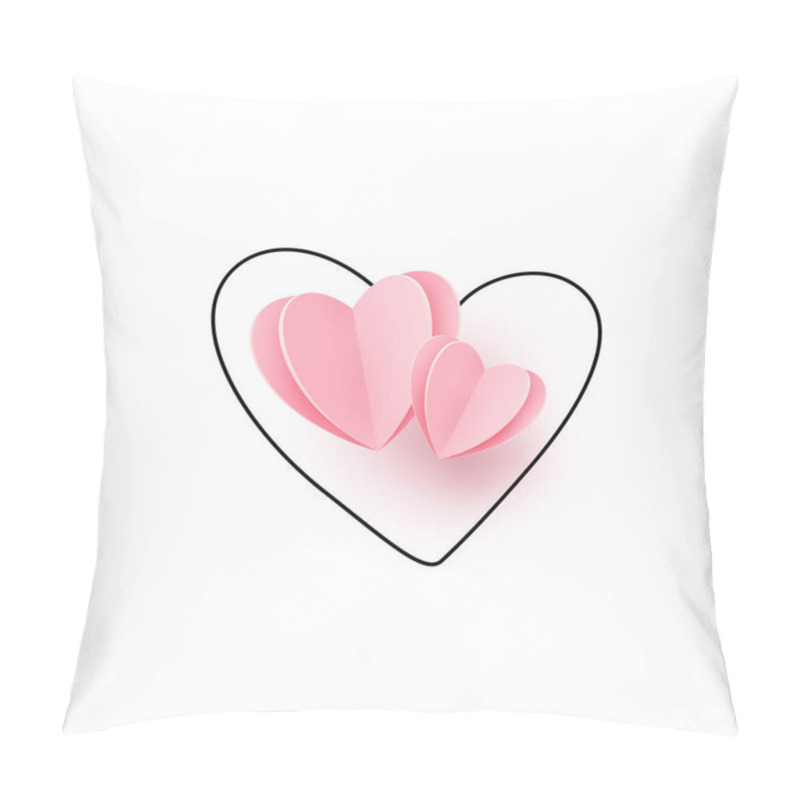 Personality  Two Pink Realistic Paper Cut Hearts On Heart Outline Line, Isolated On White Vector Background. Love Romantic Elegant Pattern. Pillow Covers