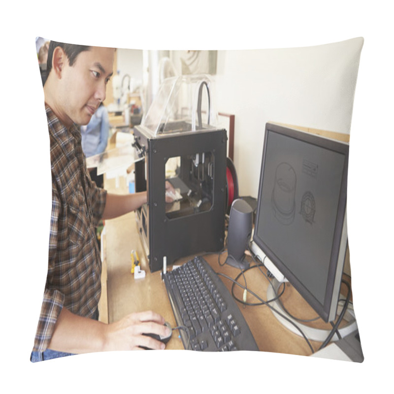 Personality  Male Architect Using 3D Printer In Office Pillow Covers