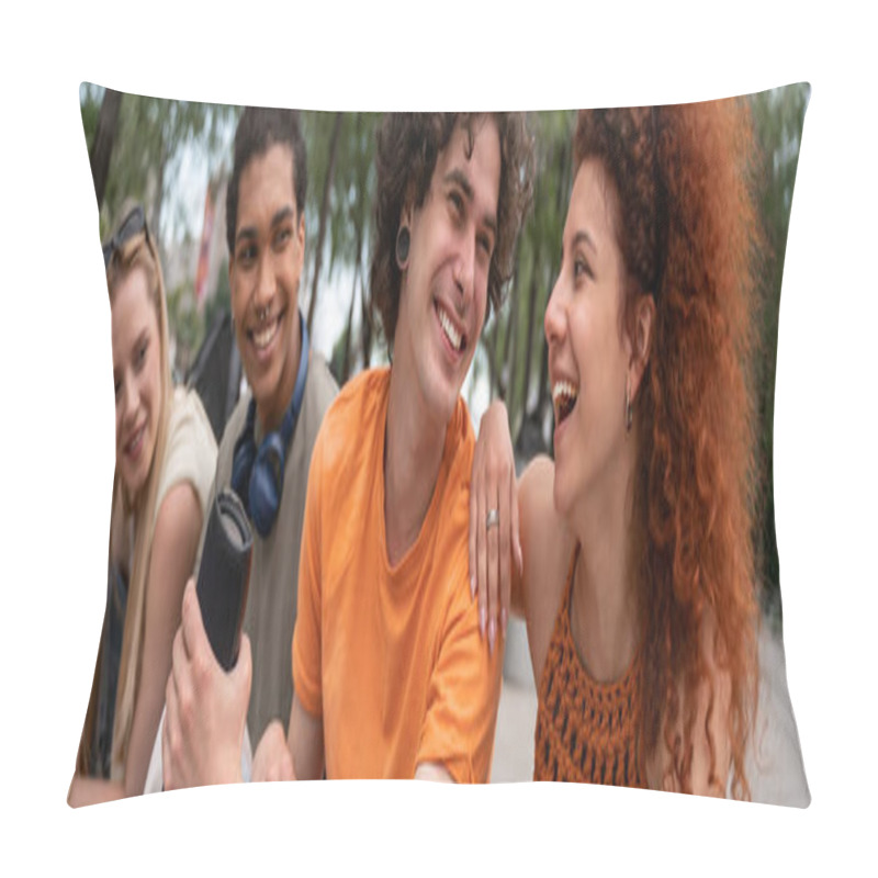 Personality  Excited Man Holding Portable Music Speaker Near Young Interracial Friends, Banner Pillow Covers