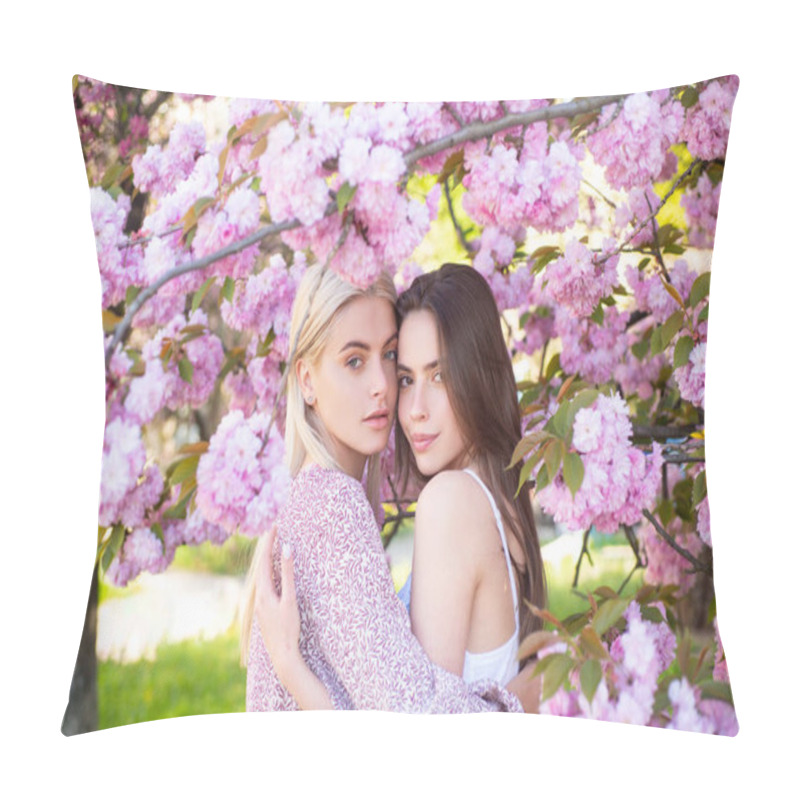 Personality  Two Young Sensual Sexy Women Relaxing In Sakura Flowers. Pillow Covers