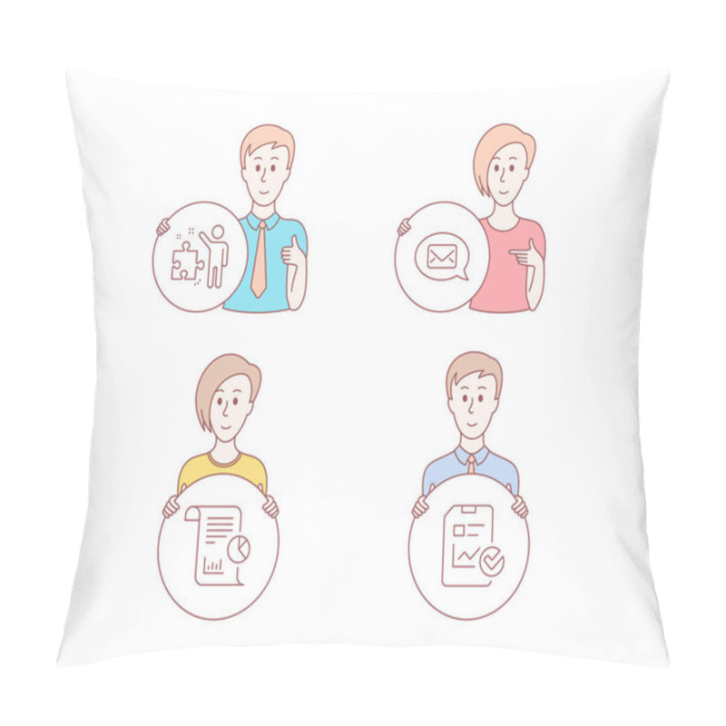 Personality  People Hand Drawn Style. Set Of Report, Messenger And Strategy Icons. Report Checklist Sign. Work Analysis, New Message, Business Plan. Sales Growth File.  Character Hold Circle Button. Vector Pillow Covers