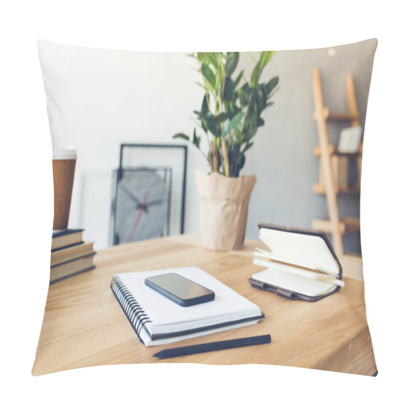 Personality  Design Of Workplace In Home Office With Modern Equipment And Objects Pillow Covers