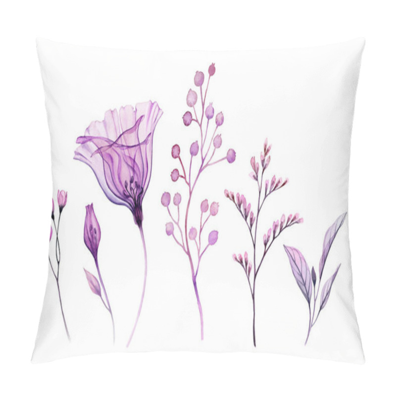 Personality  Watercolor Florals. Collection Of Transparent Bell Flower, Leaves, Branches In Purple Color. Hand Painted Botanical Illustration Pillow Covers