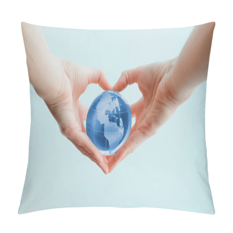 Personality  Hands In Shape Of Heart  Holding Blue Glass Globe Of South And N Pillow Covers