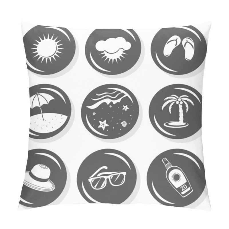 Personality  Sun Flip Flops Sunglasses Beach Palm Tree Hat Sun Protect Seaside Beach Summer Holidays Monochrome Gray Button Set With Light Shadow On White Background Vector Isolated Elements Pillow Covers