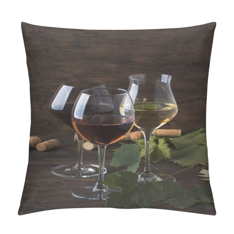 Personality  Wine Set. Red, White And Rose Wine In Assortment In Wineglasses. Wine Tasting, Vintage Wooden Background, Selective Focus, Copy Space Pillow Covers