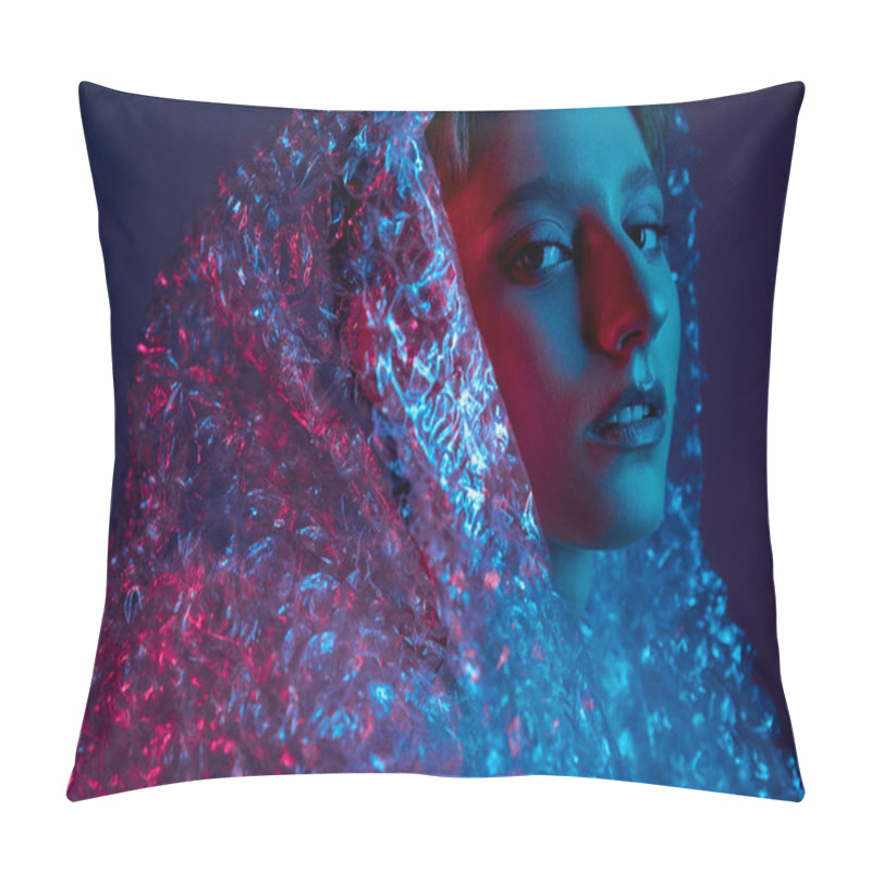 Personality  A Woman's Face Is Illuminated By Red And Blue Light, Partially Obscured By A Sheet Of Bubble Wrap. Pillow Covers