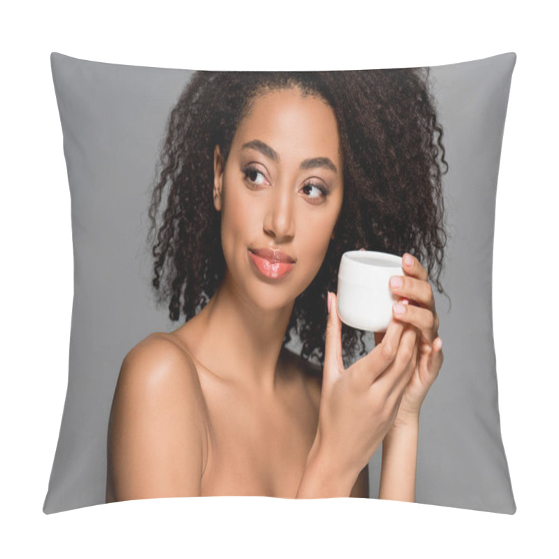 Personality  Smiling African American Girl Holding Cosmetic Cream, Isolated On Grey   Pillow Covers