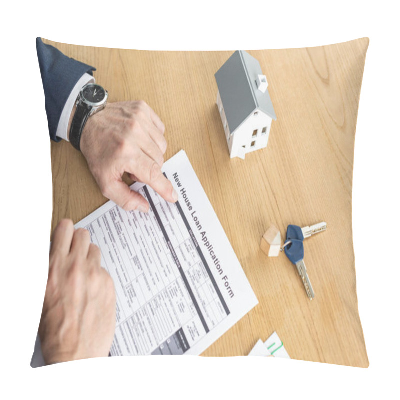 Personality  Cropped View Of House Dealer Holding Pen Near New House Loan Application Form Lettering Near House Model And Key Pillow Covers