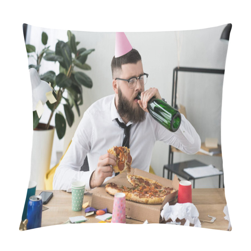 Personality  Businessman With Party Cone On Head Drinking Champagne While Eating Pizza At Workplace Pillow Covers