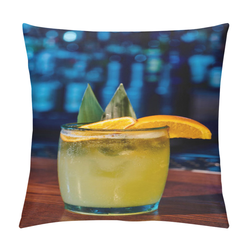 Personality  Glass Of Old Fashioned Cocktail With Slice Of Orange With Bar On Backdrop, Concept Pillow Covers