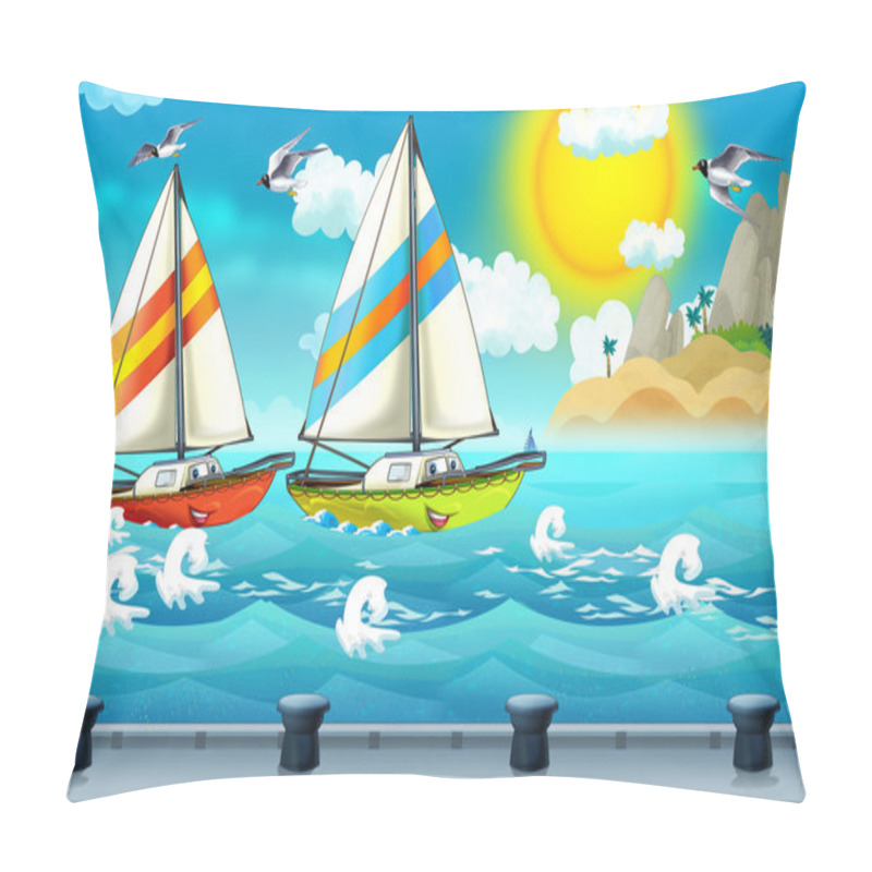 Personality  Cartoon Scene With Sailboat Sailing Into The Port Pillow Covers