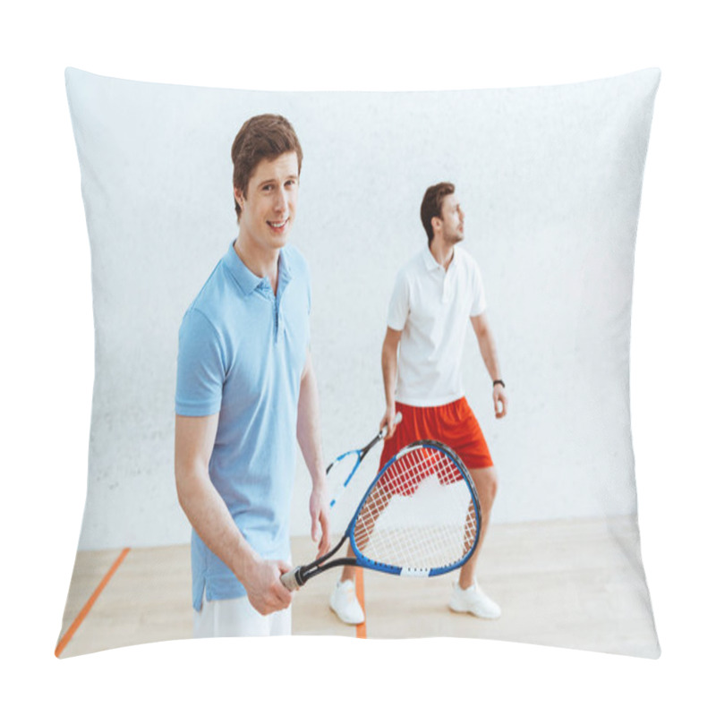 Personality  Handsome Squash Player In Blue Polo Shirt Looking At Camera Pillow Covers