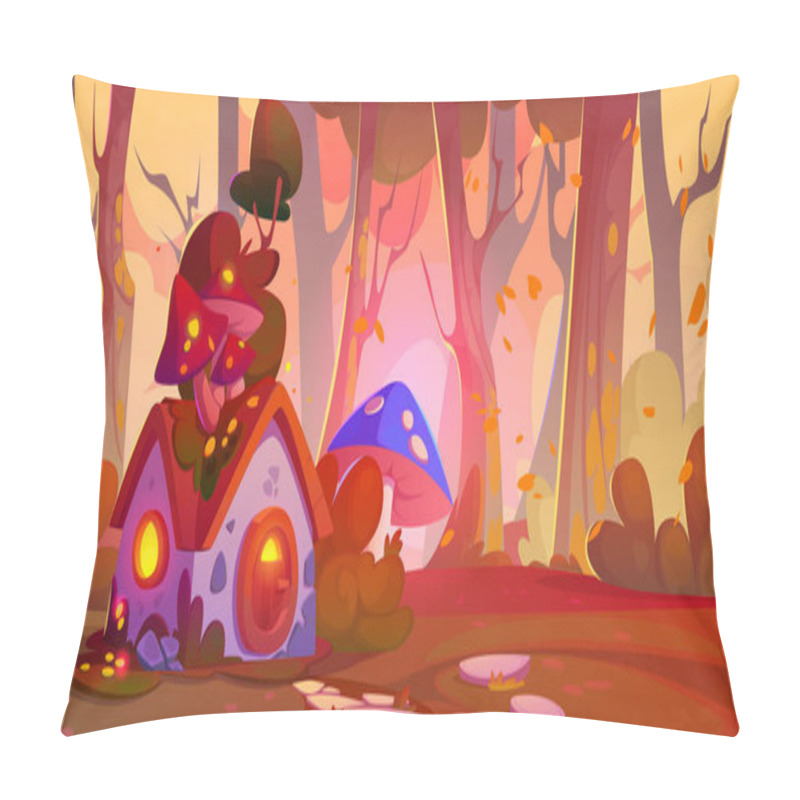 Personality  Fairy Autumn Forest Wonderland With Magic Tiny House For Gnomes Or Elves With Mushroom. Cartoon Fall Seasonal Vector Illustration Of Fantasy Scenery With Cute Tale Or Game Home For Little Inhabitants. Pillow Covers